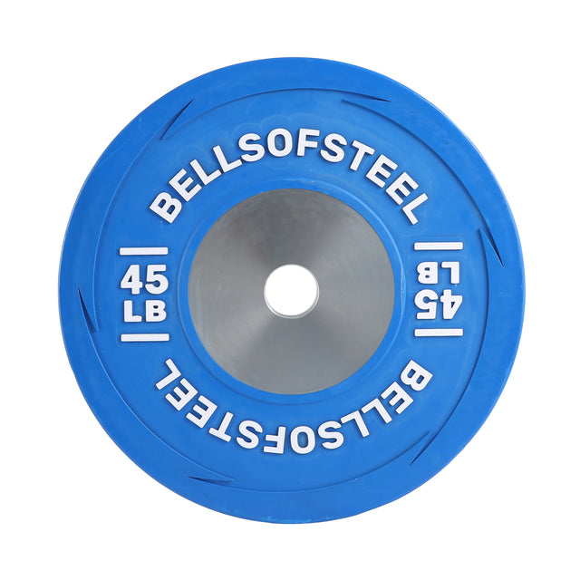 A blue LB Competition Bumper Plate from Bells of Steel, marked with "BELLSOFSTEEL" and "45 LB" in white, is crafted for Olympic lifting. The center features a silver metal insert, ideal for dedicated athletes training with these specialized plates.