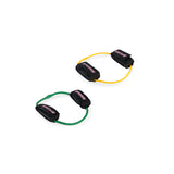 Two Human Trainer - Leg Cords by Bells of Steel—one yellow and one green—each feature black foam handles labeled “SPORTS” in pink and are displayed on a white background. These progressive tension leg bands are ideal for strengthening and toning your lower body.