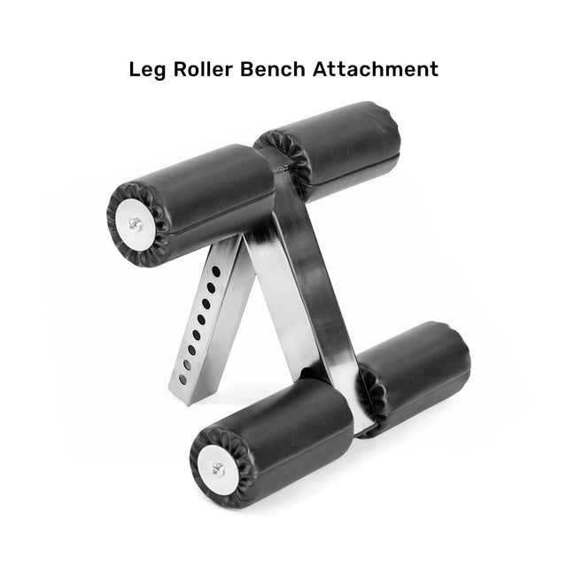 The Bench Attachments by Bells of Steel is a black and silver leg roller bench attachment featuring four padded rollers. It's designed to fit multiple models using the Model-Matching Adapter and includes an adjustable steel frame with several holes for height or position customization, enhancing the versatility of Buzzsaw Bench setups.