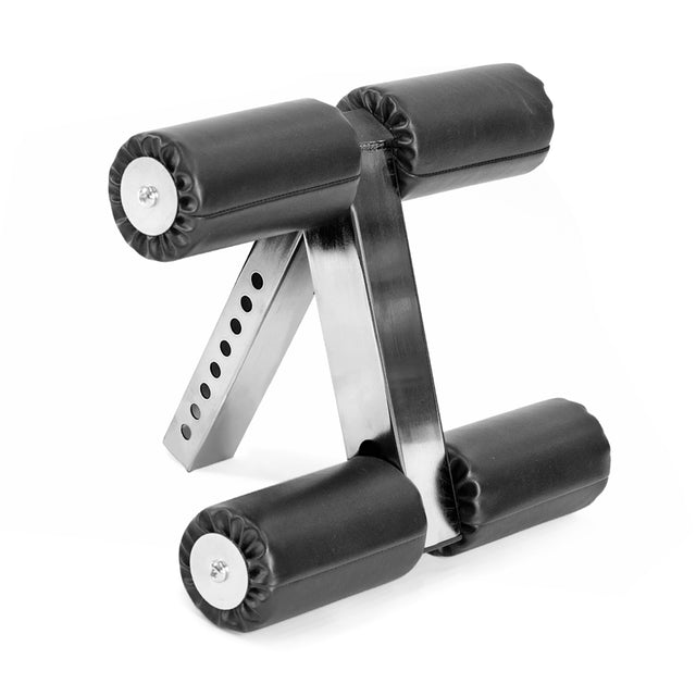 The Bells of Steel "Bench Attachments" is a steel sit-up bar with adjustable height and four black foam rollers for foot support. Designed for home workouts, it's sturdy, compact, perfect for ab exercises, and easily pairs with other bench attachments for increased versatility.