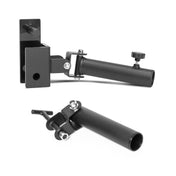 Displayed on a white background are two black metal wall-mounted brackets with tubular extensions, designed for strength training. The top bracket includes a cylindrical holder equipped with a tightening knob, while the bottom bracket is shown from an alternative angle. These brackets, known as the Landmine Rack Attachment by Bells of Steel, are ideal for use as an Olympic barbell landmine attachment.