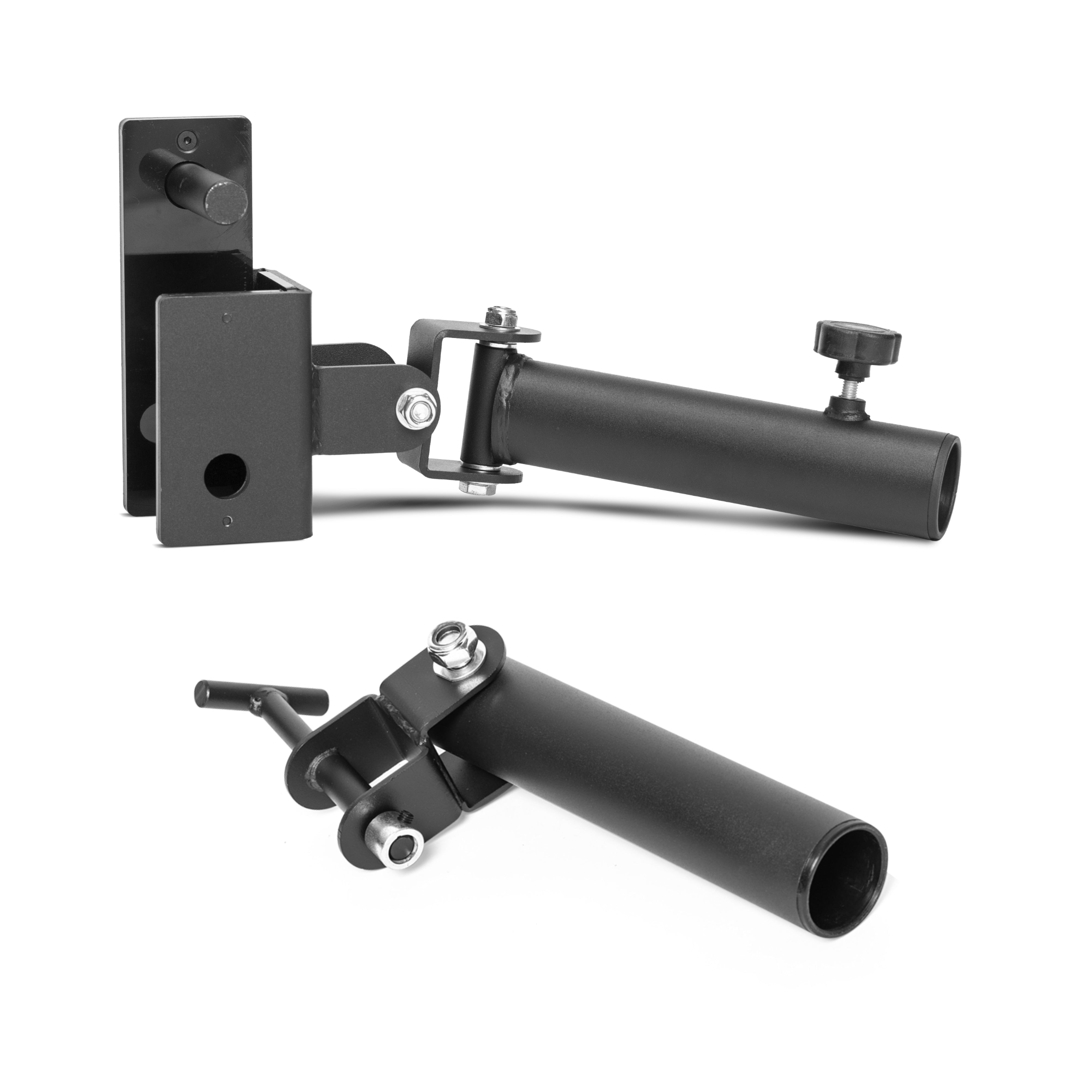 Displayed on a white background are two black metal wall-mounted brackets with tubular extensions, designed for strength training. The top bracket includes a cylindrical holder equipped with a tightening knob, while the bottom bracket is shown from an alternative angle. These brackets, known as the Landmine Rack Attachment by Bells of Steel, are ideal for use as an Olympic barbell landmine attachment.