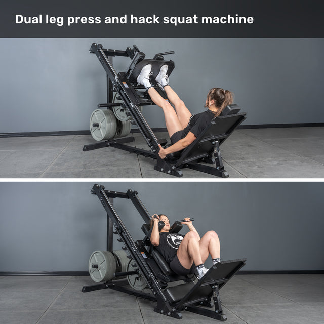 A woman demonstrates two exercises with the Bells of Steel Leg Press Hack Squat Machine: the top image features a leg press, while the bottom shows a hack squat—an ideal addition to any home gym.