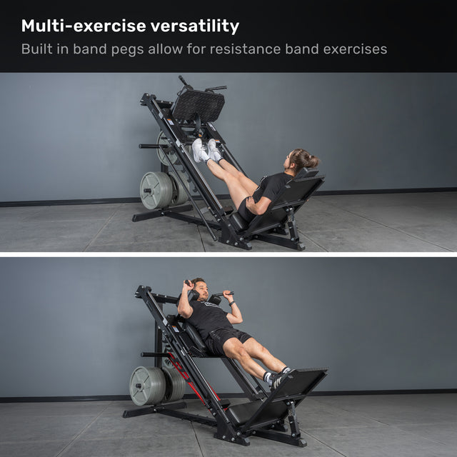 Two people use the Bells of Steel Leg Press Hack Squat Machine: a woman adds resistance bands for leg presses, while a man does calf raises. Text above says, "Multi-exercise versatility for your home gym.