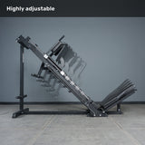 The Bells of Steel Leg Press Hack Squat Machine is displayed in multiple positions to highlight its adjustability, making it perfect for home gyms. "Highly adjustable" appears top left, emphasizing versatility.