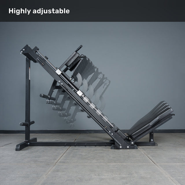 The Bells of Steel Leg Press Hack Squat Machine is displayed in multiple positions to highlight its adjustability, making it perfect for home gyms. "Highly adjustable" appears top left, emphasizing versatility.