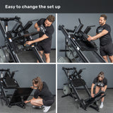 Four images feature a man and woman adjusting the Bells of Steel Leg Press Hack Squat Machine in a home gym with gray walls. The text above reads, “Easy to change the set up.”.