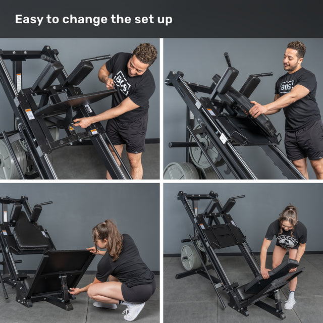 Four images feature a man and woman adjusting the Bells of Steel Leg Press Hack Squat Machine in a home gym with gray walls. The text above reads, “Easy to change the set up.”.
