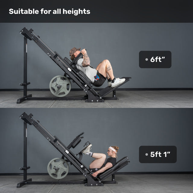 Two users of different heights try the Bells of Steel Leg Press Hack Squat Machine, showing it’s ideal for all sizes. This 2-in-1 home gym solution lets both tall and short users work out comfortably on the leg press or hack squat.