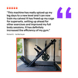 A Bells of Steel Leg Press Hack Squat Machine stands in a home gym with weights, while a testimonial highlights this 2-in-1 machine’s workout results and efficiency. Large purple quote marks and a five-star rating complete the scene.