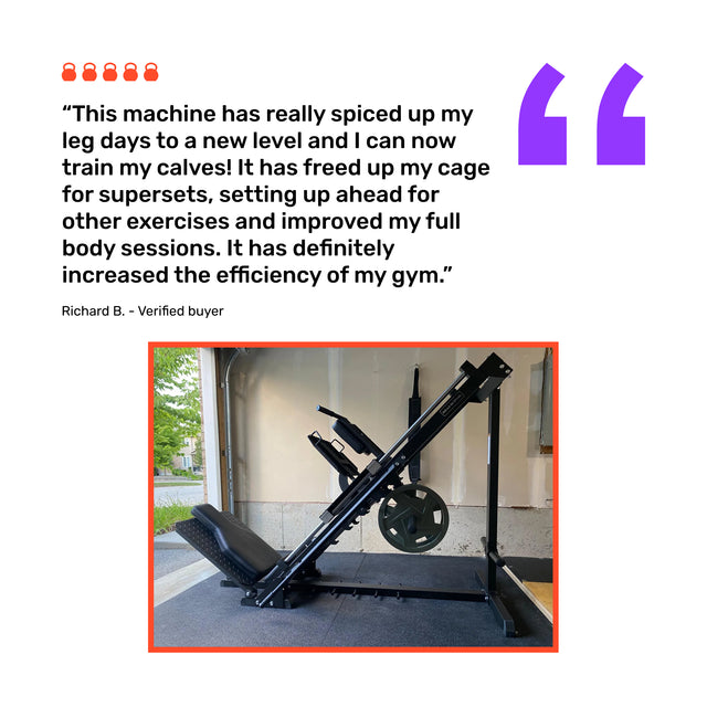 A Bells of Steel Leg Press Hack Squat Machine stands in a home gym with weights, while a testimonial highlights this 2-in-1 machine’s workout results and efficiency. Large purple quote marks and a five-star rating complete the scene.