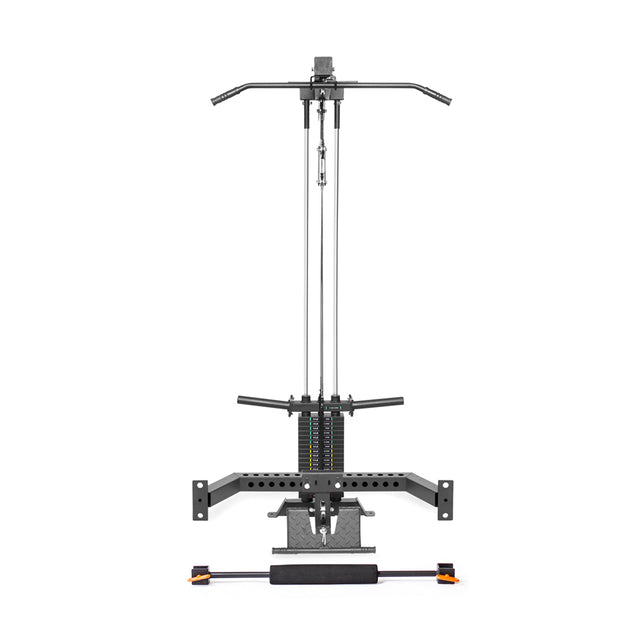 The Bells of Steel Lat Pulldown & Low Row Rack Attachment - Hydra & Manticore features a sleek black metal frame, adjustable weights, and multiple bars for exercises like lat pulldowns. Its pulley system and central weight stack make it perfect for various cable exercises.