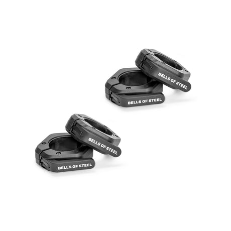 Four black Bells of Steel Magnetic Clamp Collars are shown stacked in pairs on a white background, each displaying the brand name in white. These collars securely clamp weights for your lifts.