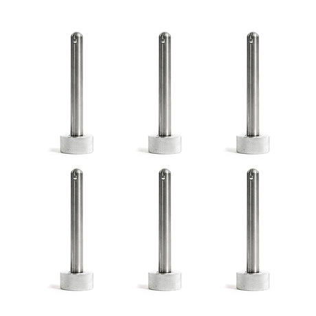 Six identical Bells of Steel Magnetic Rack Attachment Pins with textured cylindrical bases are evenly spaced in two rows of three against a white background.