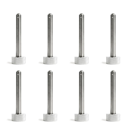 Eight identical Bells of Steel Magnetic Rack Attachment Pins with knurled bases are evenly spaced in two rows on a white background.