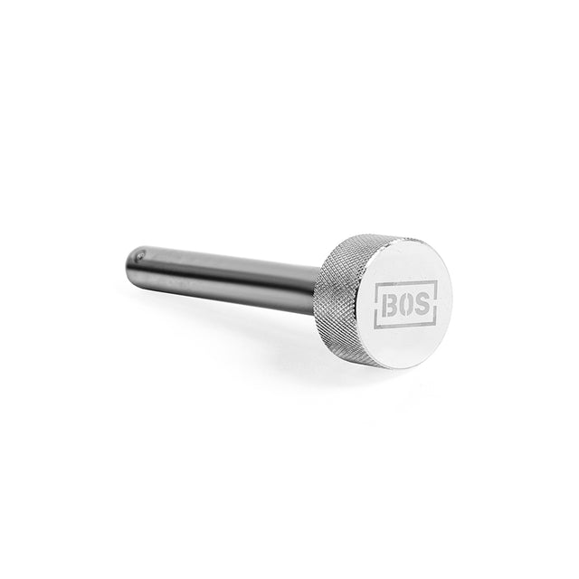 Bells of Steel's Magnetic Rack Attachment Pins are crafted from anodized aluminum and feature a cylindrical shaft with a textured grip. The round flat end is engraved with "BOS" on a white background, combining durability with style.