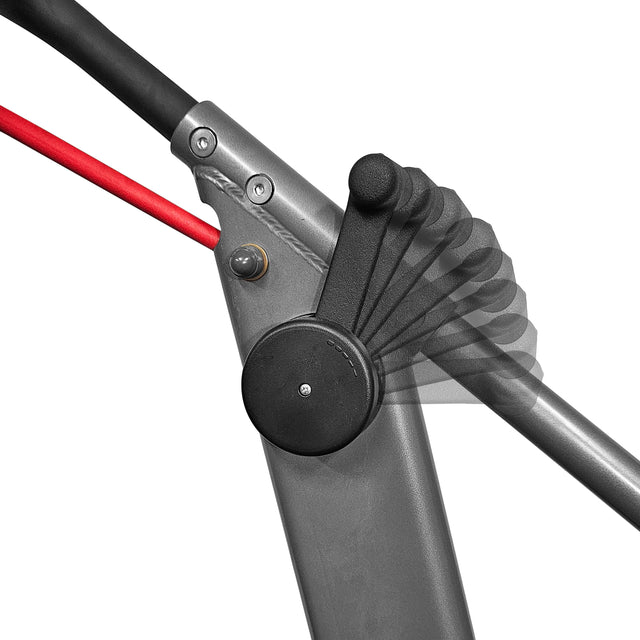 Close-up of a metal lever on the Sisyphean Stepper, a manual stair climber by Bells of Steel. The image showcases its range of motion, with the black handle and red bar contrasting against a grey metallic background, similar to levers found on cardio machines.