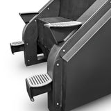 A modern escalator close-up with black steps and side panels looks like the Bells of Steel Sisyphean Stepper - Manual Stair Climber, highlighting its detailed steps and railings in a sleek, contemporary design similar to cardio machines with adjustable resistance.