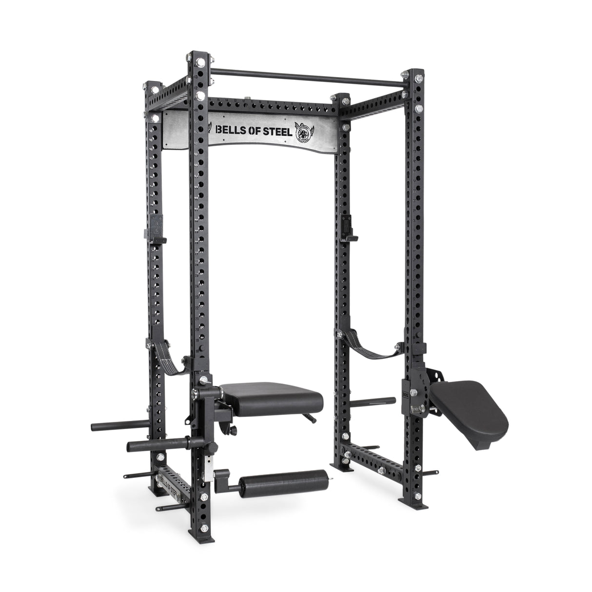 The "Manticore Four Post Power Rack Builder" by Bells of Steel is perfect for a home gym, featuring adjustable benches, safety bars, and modular components like a pull-up bar and attachment holders. Ideal for strength training, it offers convenient weight storage to support various exercises.