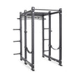 The Bells of Steel Manticore Six Post Power Rack features modular components for adjustability, pull-up bars, and safety attachments. It's a sturdy black rack with a 1,000-pound capacity ideal for weightlifting and strength training, presented against a plain white background.