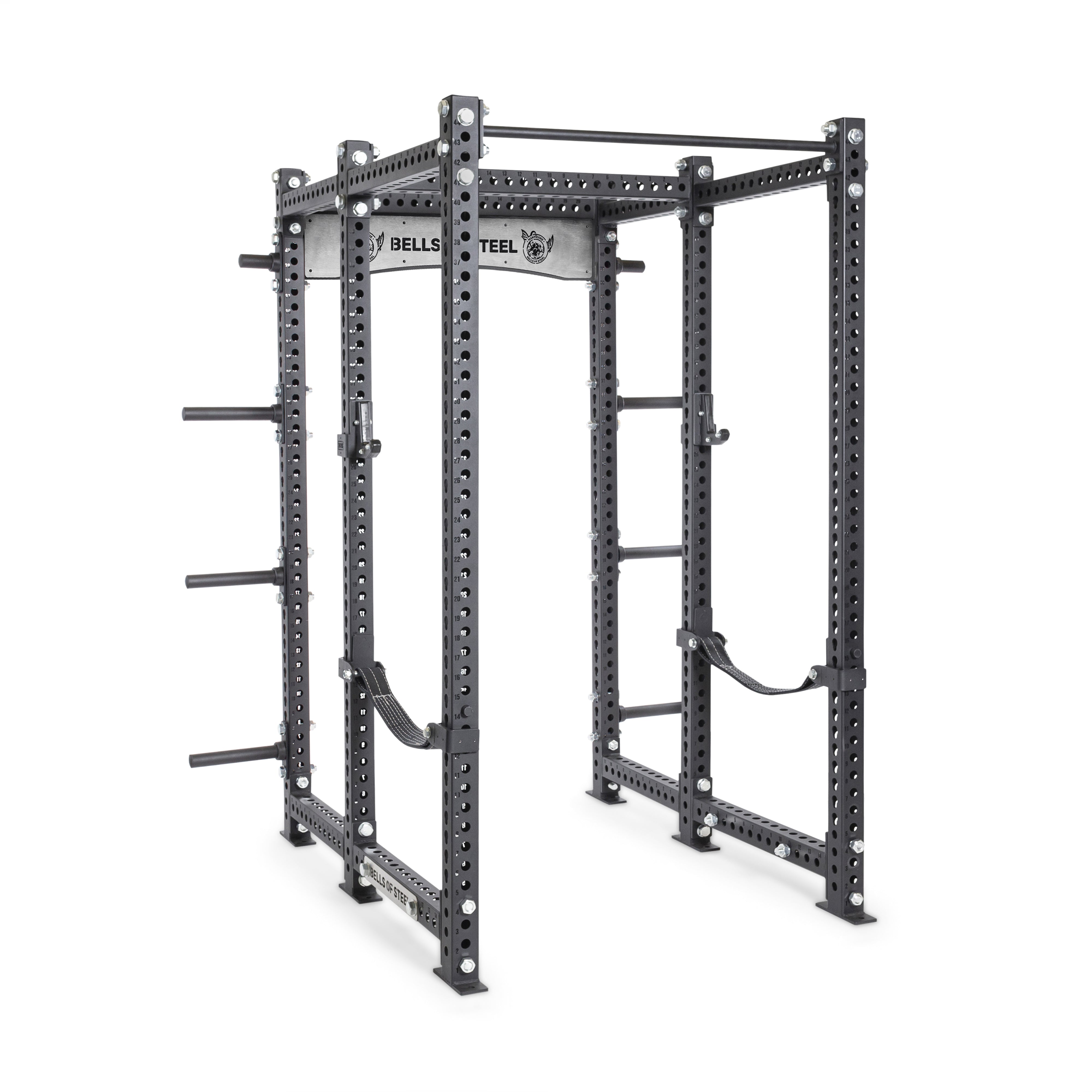 The Manticore Six Post Power Rack - Prebuilt by Bells of Steel is a robust, black rack designed for strength training. It includes a pull-up bar and weight plate holders, while featuring adjustable safety straps and modular components for an adaptable workout space within its 3" x 3" framework with 1" holes.