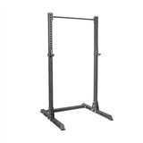 The Bells of Steel Manticore Squat Stand Builder features a black, freestanding design with a pull-up bar, modular components for versatility, 3" x 3" build with 1" holes for adjustable height, and a stable base ideal for various strength training exercises.