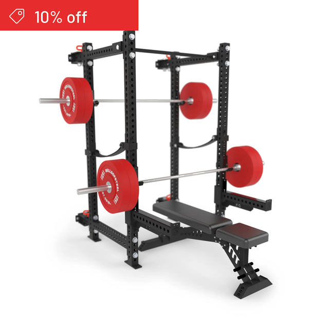 The Bells of Steel Manticore Folding Power Rack Builder (3" x 3", 1" Holes) in black and red, shown with a bench, barbells, and red plates. A top-left red banner displays "10% off." Ideal for any home gym. Plain white background.