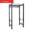 The Bells of Steel Manticore Four Post Power Rack Builder (3" x 3", 1" Holes) is displayed in black steel with branding, set against a white background. A red banner in the top left announces "10% off". Perfect addition to any home gym.