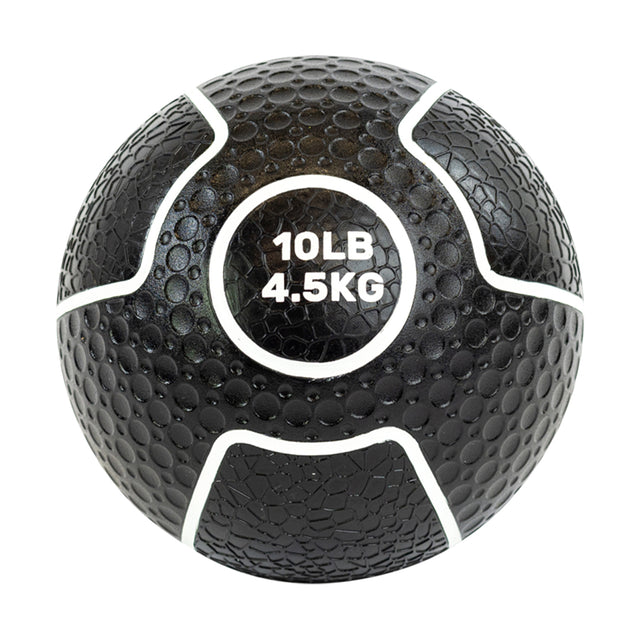 The Bells of Steel Mighty Grip Medicine Ball, with a black textured surface and white curved lines, offers superior grip for all fitness levels. Its bumpy design and bold "10LB 4.5KG" text make it ideal for effective workout routines.