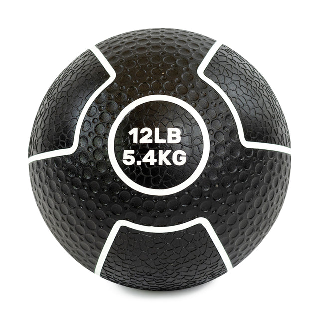 The Bells of Steel Mighty Grip Medicine Ball boasts a textured black surface with white lines and text displaying "12 LB" and "5.4 KG," ensuring superior grip for all fitness levels.