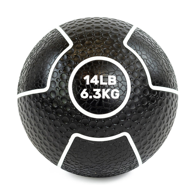 Introducing the Bells of Steel Mighty Grip Medicine Ball, boasting a textured surface for excellent grip. The black ball shows "14 LB" and "6.3 KG" in white text, with elegant curved lines in a cross pattern—ideal for all fitness levels.