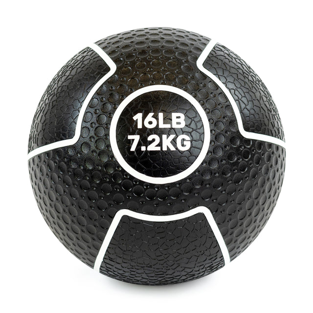 A black Bells of Steel Mighty Grip Medicine Ball sits on a white background, featuring "16 LB" and "7.2 KG" in bold white text with a white-line pattern, providing superior grip for all fitness levels.