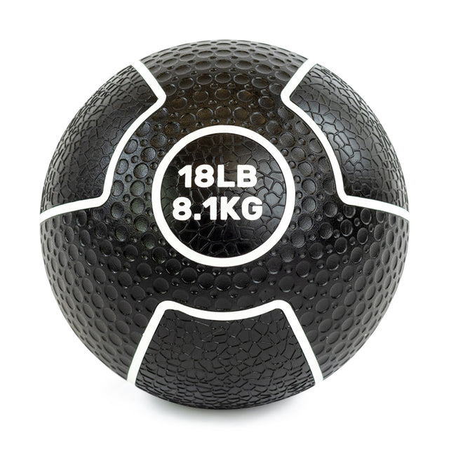 The Bells of Steel Mighty Grip Medicine Ball, with a black textured surface and white "18LB" and "8.1KG" markings, offers exceptional grip for all fitness levels.