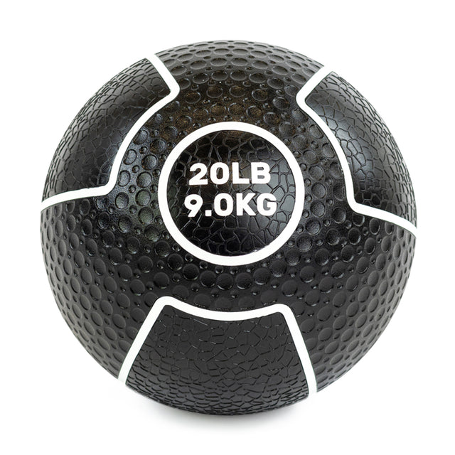 The Mighty Grip Medicine Ball by Bells of Steel is a black, textured workout essential with weight markings "20LB" and "9.0KG" in white. Its slightly cracked surface provides superior grip, making it ideal for all fitness levels.