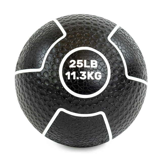 The black textured weighted exercise ball, marked "25LB" and "11.3KG," provides an excellent grip for all fitness levels. It showcases the durability of Bells of Steel's Mighty Grip Medicine Balls, designed to elevate your workout experience.