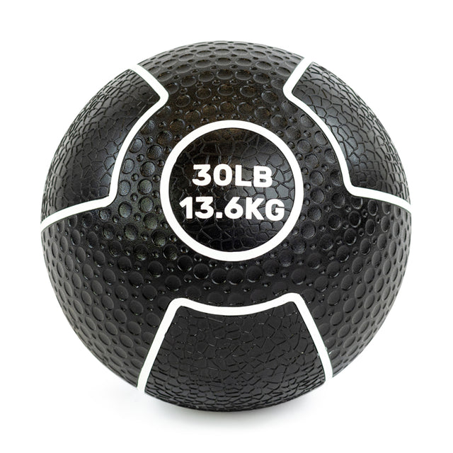 The Bells of Steel Mighty Grip Medicine Balls have a black textured surface with white stripes displaying "30 LB" and "13.6 KG." Their superior grip ensures stability for all fitness levels, making workouts effective and safe.