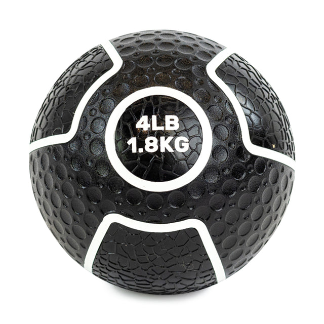 Introducing the Bells of Steel Mighty Grip Medicine Ball, ideal for all fitness levels. This black ball with white lines offers superior grip and is clearly marked with "4LB" and "1.8KG" for easy identification during workouts.