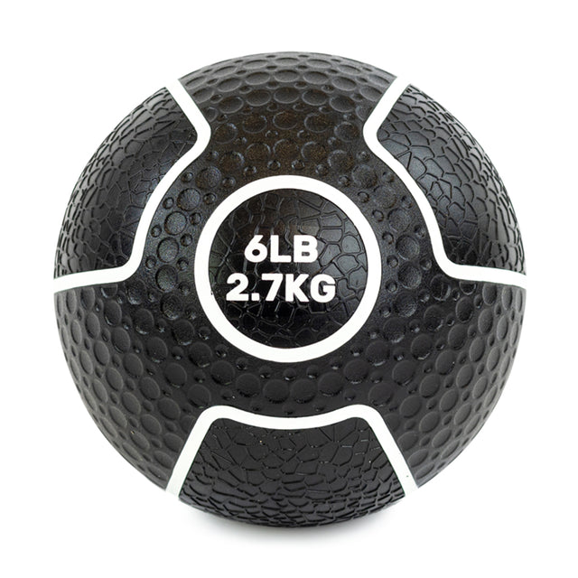 The Bells of Steel Mighty Grip Medicine Ball has a black, textured surface with white lines for a superior grip. "6LB 2.7KG" is at its center, ideal for all fitness levels wanting precision and control during workouts.