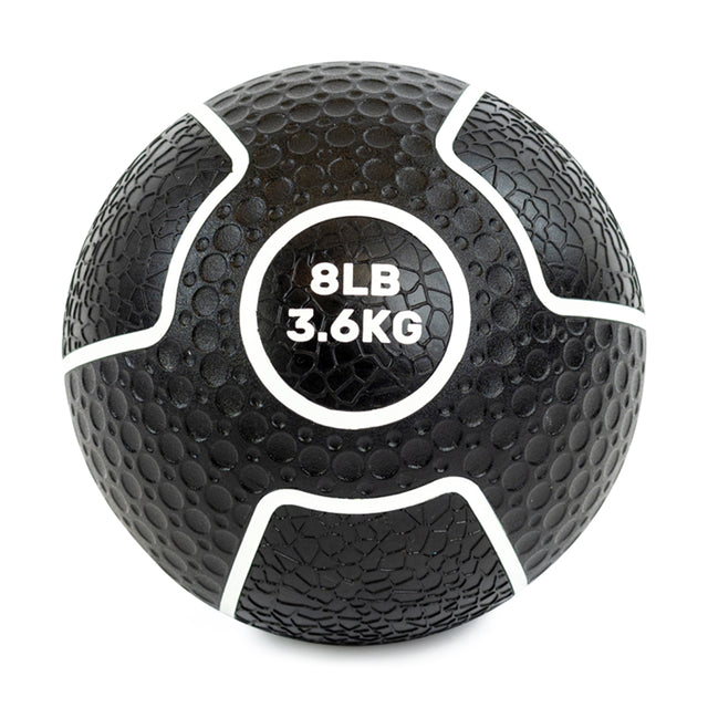 Introducing the Bells of Steel Mighty Grip Medicine Ball: a black ball with a textured surface for superior grip and striking white accents, labeled "8LB" and "3.6KG." Ideal for all fitness levels, it ensures effective workouts every time.