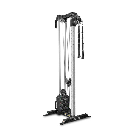 The Bells of Steel Cable Tower features a weight stack, adjustable pulleys, metal frame, and rope attachment—perfect for strength training in any home gym.