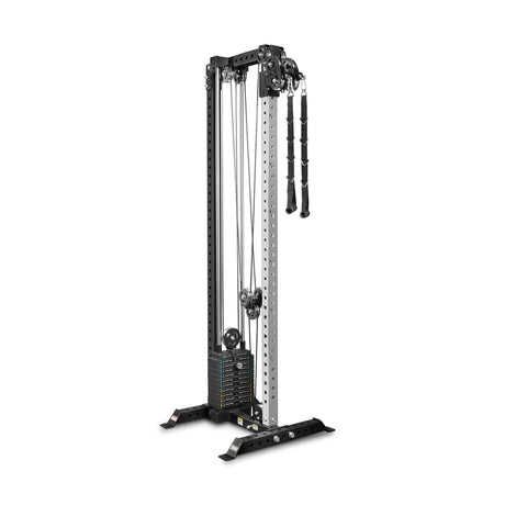 The Bells of Steel Cable Tower features a sturdy metallic frame, adjustable pulleys, weight stack, and black handles—perfect for strength training and versatile resistance exercises in any home gym.