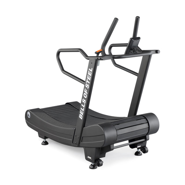 The Blitz Magnetic Resistance Manual Treadmill by Bells of Steel is a black, non-motorized treadmill with a curved running surface and side handles. It includes a digital display and sturdy frame, prominently showcasing the brand for quality assurance during effective cardio workouts.