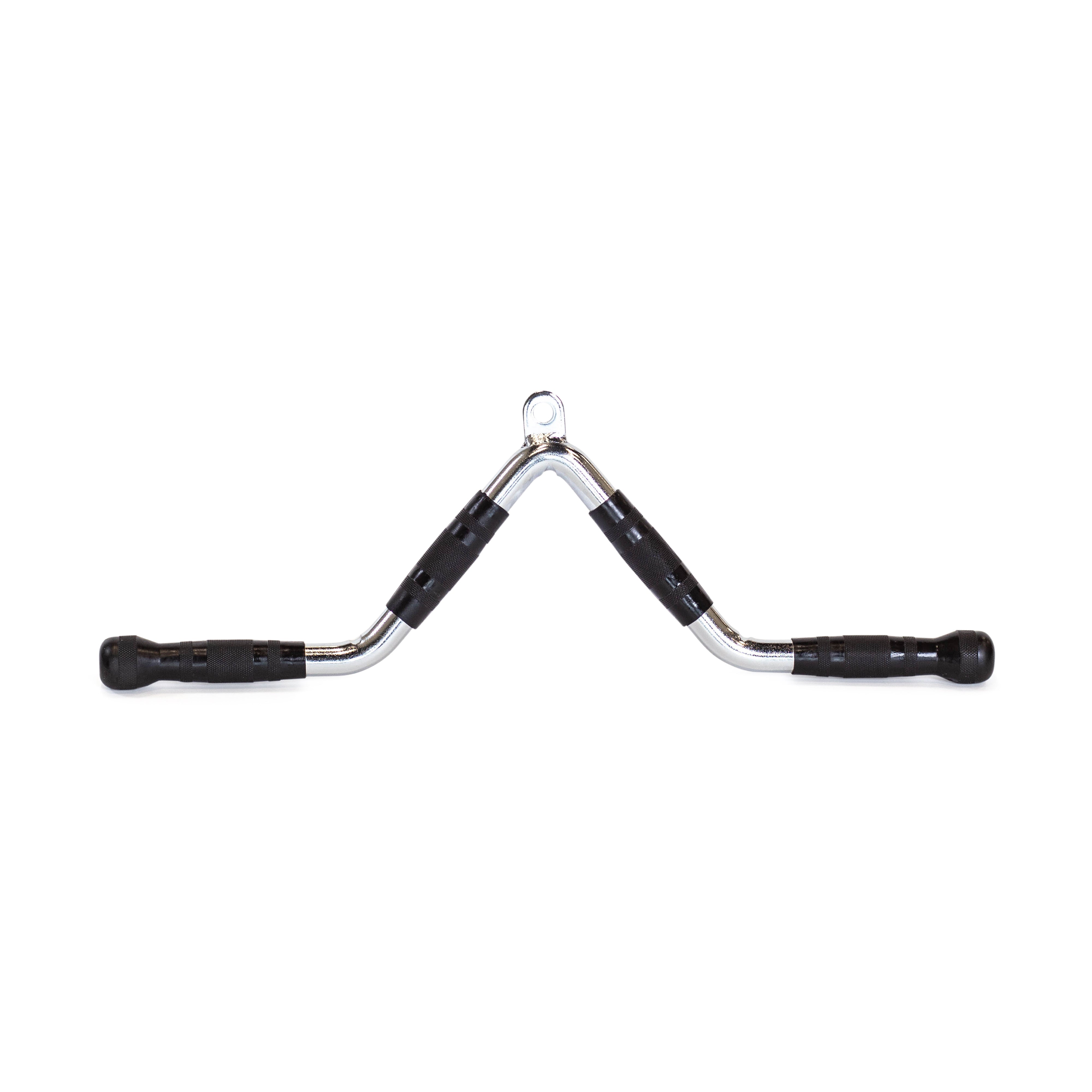 Introducing the Bells of Steel MULTI-PURPOSE V STYLE BAR: a chrome-plated rowing handlebar with rubberized grips and a central attachment point, specifically designed for cable training exercise machines. Photographed against a white background.