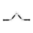 The Bells of Steel MULTI-PURPOSE V STYLE BAR features black rubber grips on both ends and is a sturdy chrome cable machine attachment, ideal for weightlifting and a range of gym exercises.