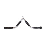 The Bells of Steel MULTI-PURPOSE V STYLE BAR features black rubber grips on both ends and is a sturdy chrome cable machine attachment, ideal for weightlifting and a range of gym exercises.