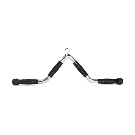 The Bells of Steel MULTI-PURPOSE V STYLE BAR features black rubber grips on both ends and is a sturdy chrome cable machine attachment, ideal for weightlifting and a range of gym exercises.