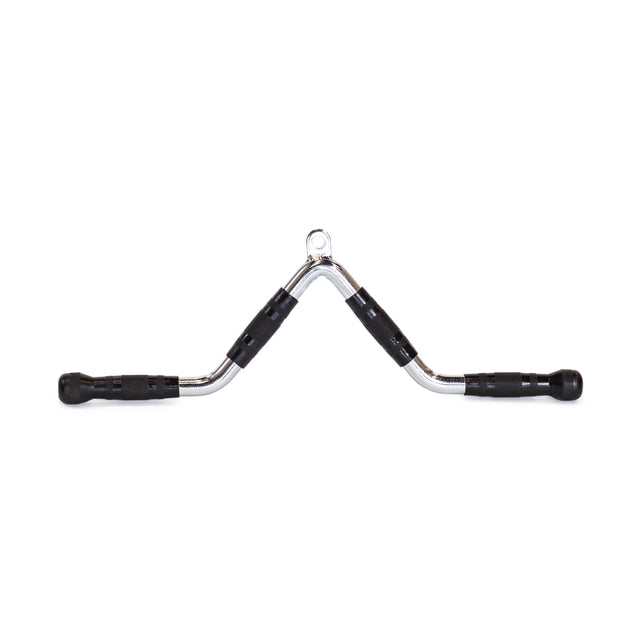 The Bells of Steel MULTI-PURPOSE V STYLE BAR features black rubber grips on both ends and is a sturdy chrome cable machine attachment, ideal for weightlifting and a range of gym exercises.