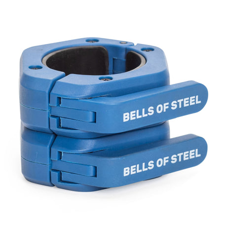 A pair of blue Bells of Steel Magnetic Clamp Collars with locking levers are stacked together. Each barbell collar features "BELLS OF STEEL" in white text.