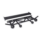 Two black Bells of Steel Coloured Globe Pull up Bar attachments: one features a rectangular frame with multiple holes, while the other offers various angled grips and coloured spherical ends for diverse pull-up positions, designed for gym or fitness rigs.