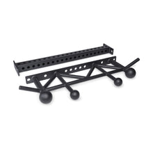 Two black Bells of Steel Coloured Globe Pull up Bar attachments: one features a rectangular frame with multiple holes, while the other offers various angled grips and coloured spherical ends for diverse pull-up positions, designed for gym or fitness rigs.